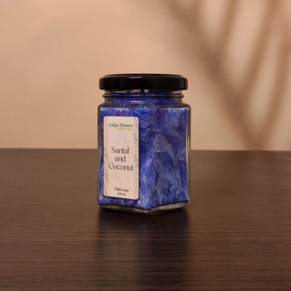 Синя свічка Santal and Coconut з пальмового воску з ароматом